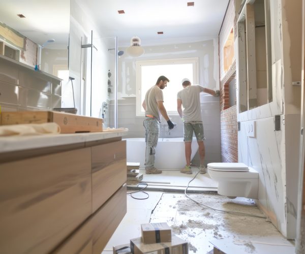 Professional contractors working on bathroom renovation project. minimalist,